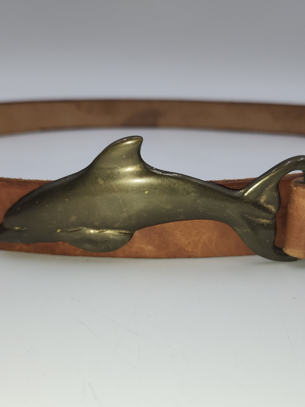 Vintage Men's Women's  Leather Belt with Brass Dolphin Buckle Handcrafted Ocean